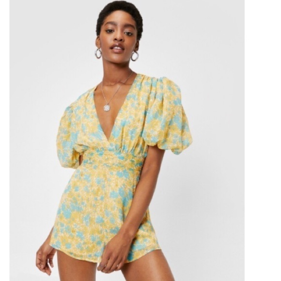 Nasty Gal Womens Floral Chiffon V Neck Puff Sleeve Playsuit Romper - Picture 1 of 16